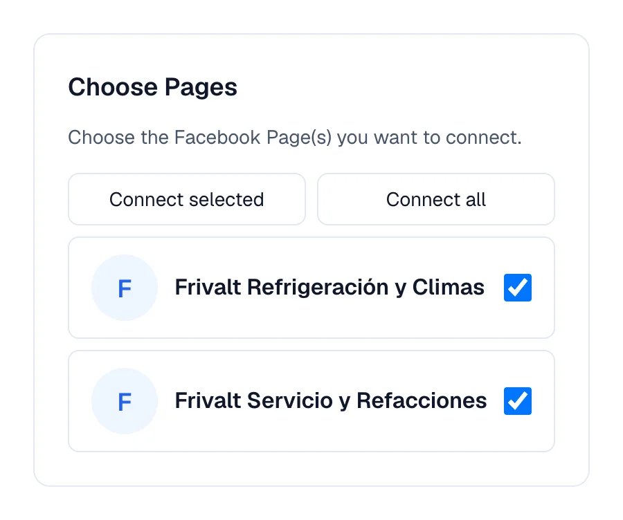 List of ticked Facebook pages, with the button that connects them.