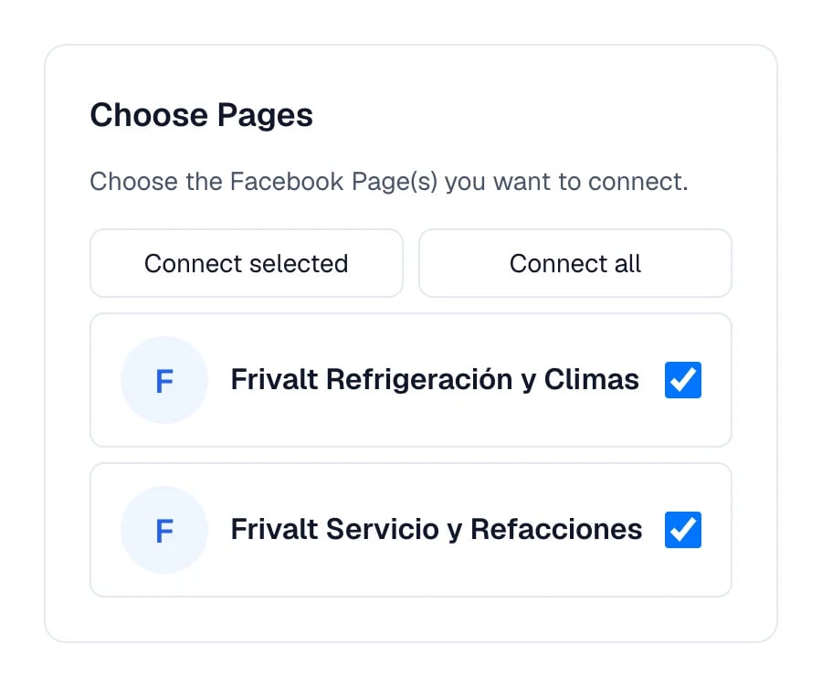 List of ticked Facebook pages, with the button that connects them.