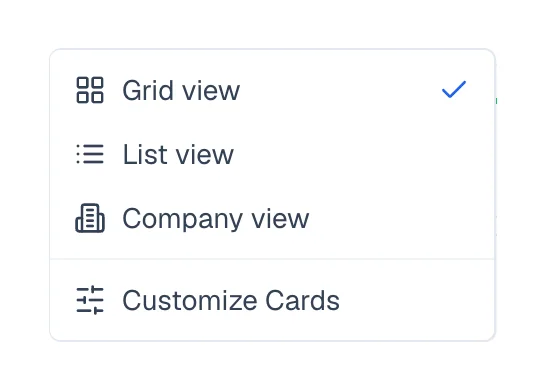 Menu listing Grid view, List view, Company view, and Customize Cards.