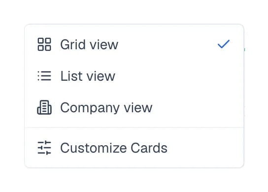 Menu listing Grid view, List view, Company view, and Customize Cards.