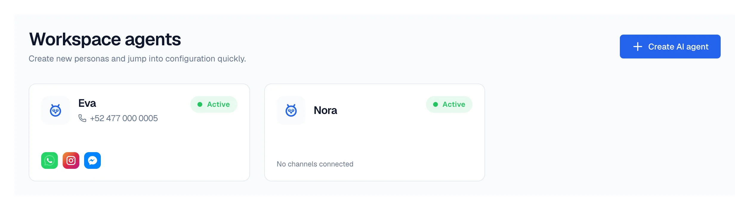 AI Agents list: Eva, active with its channels connected, and Nora, still without channels.