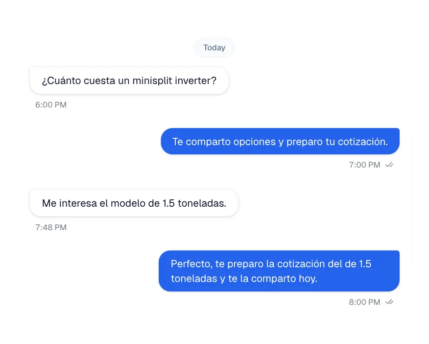 A customer asks about a minisplit and the agent replies that it will share options and prepare a quote.