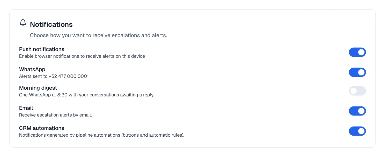 Switches for push notifications, WhatsApp, Morning digest, Email, and CRM automations.