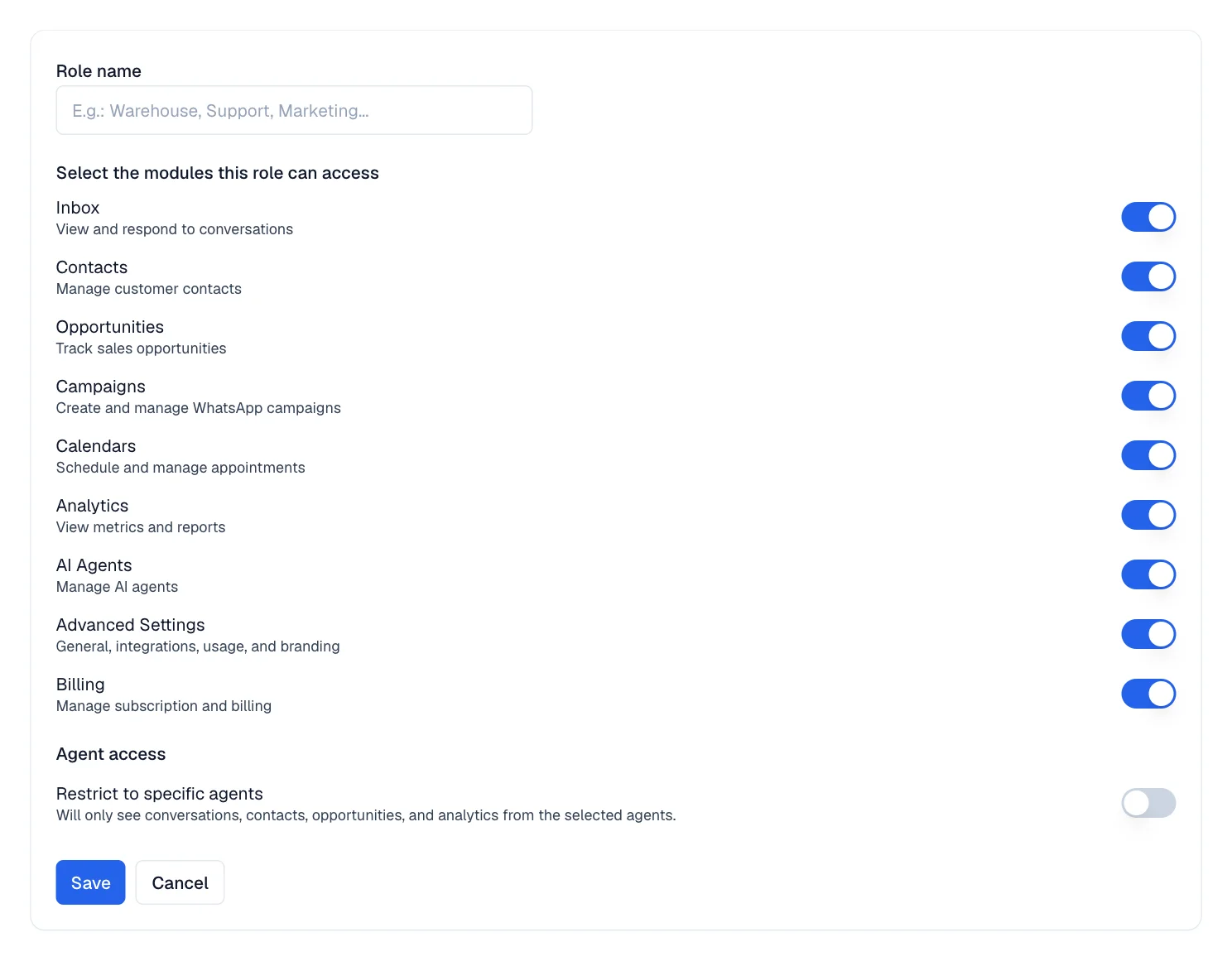 Role editor with the Role name field and a list of modules, each with its own switch.