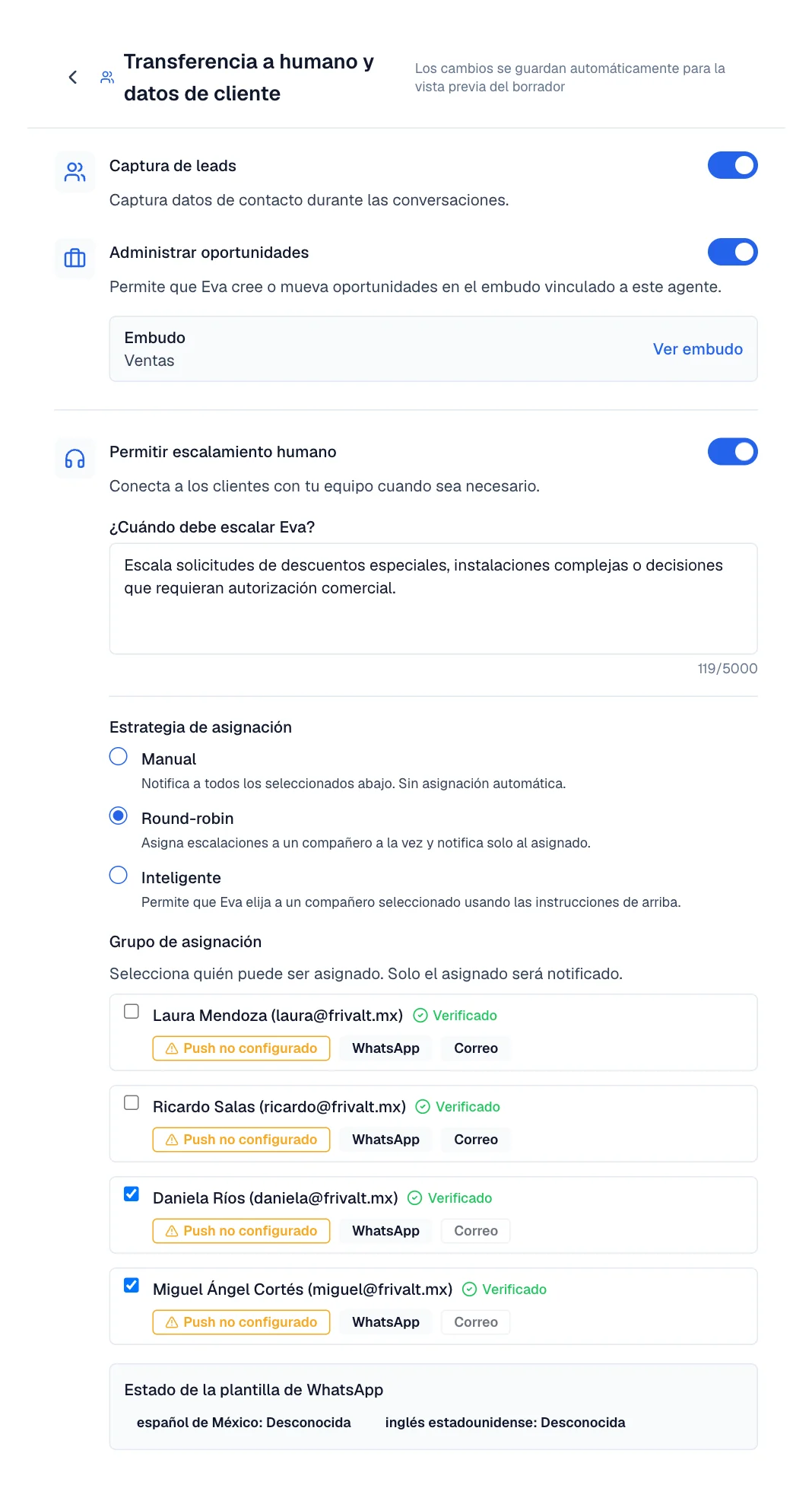 Editor de Transferencia a humano con Captura de leads, Administrar oportunidades y Permitir escalamiento humano.
