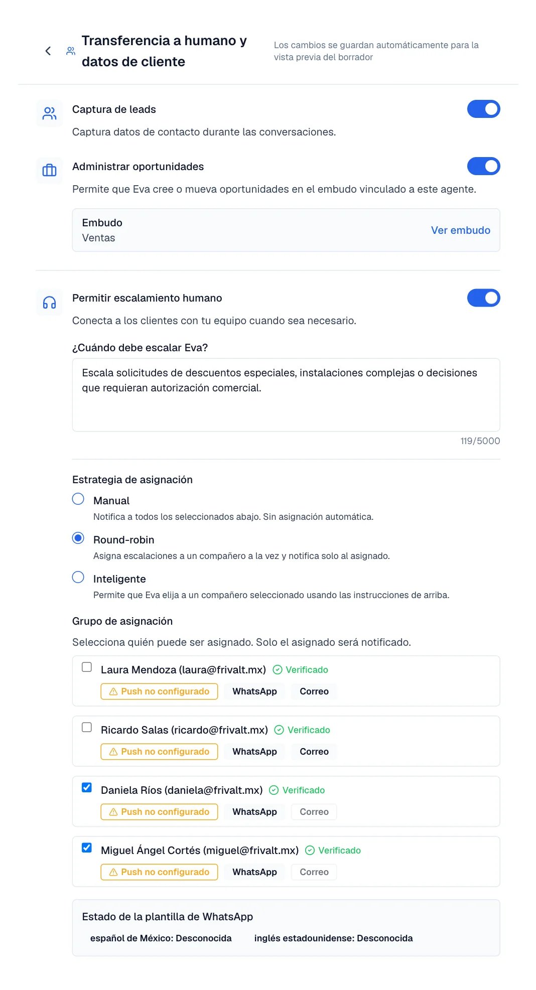 Editor de Transferencia a humano con Captura de leads, Administrar oportunidades y Permitir escalamiento humano.