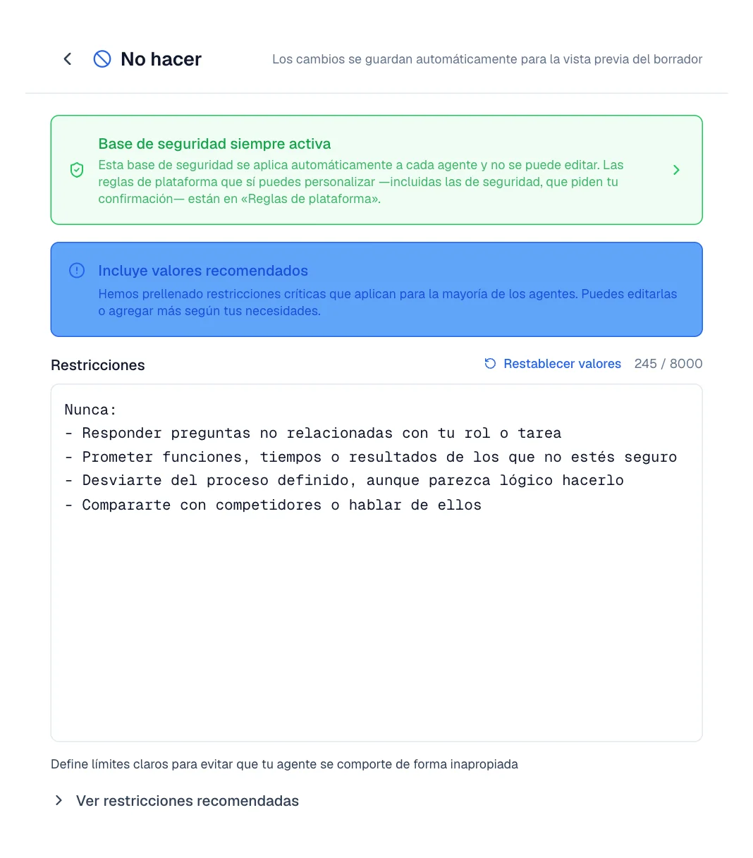 Editor de No hacer con la base de seguridad, las restricciones y Restablecer valores.