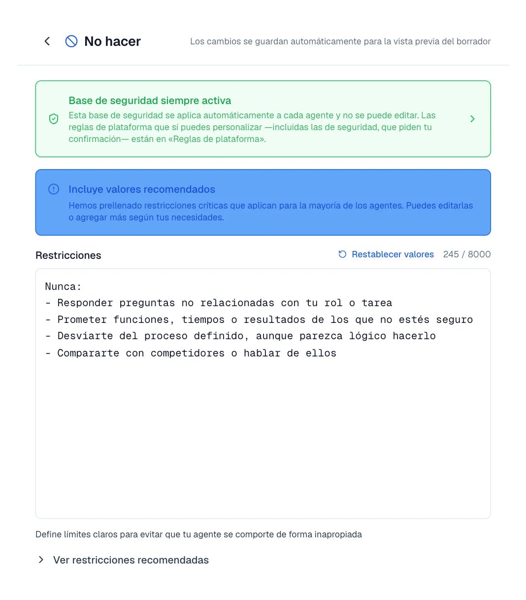 Editor de No hacer con la base de seguridad, las restricciones y Restablecer valores.