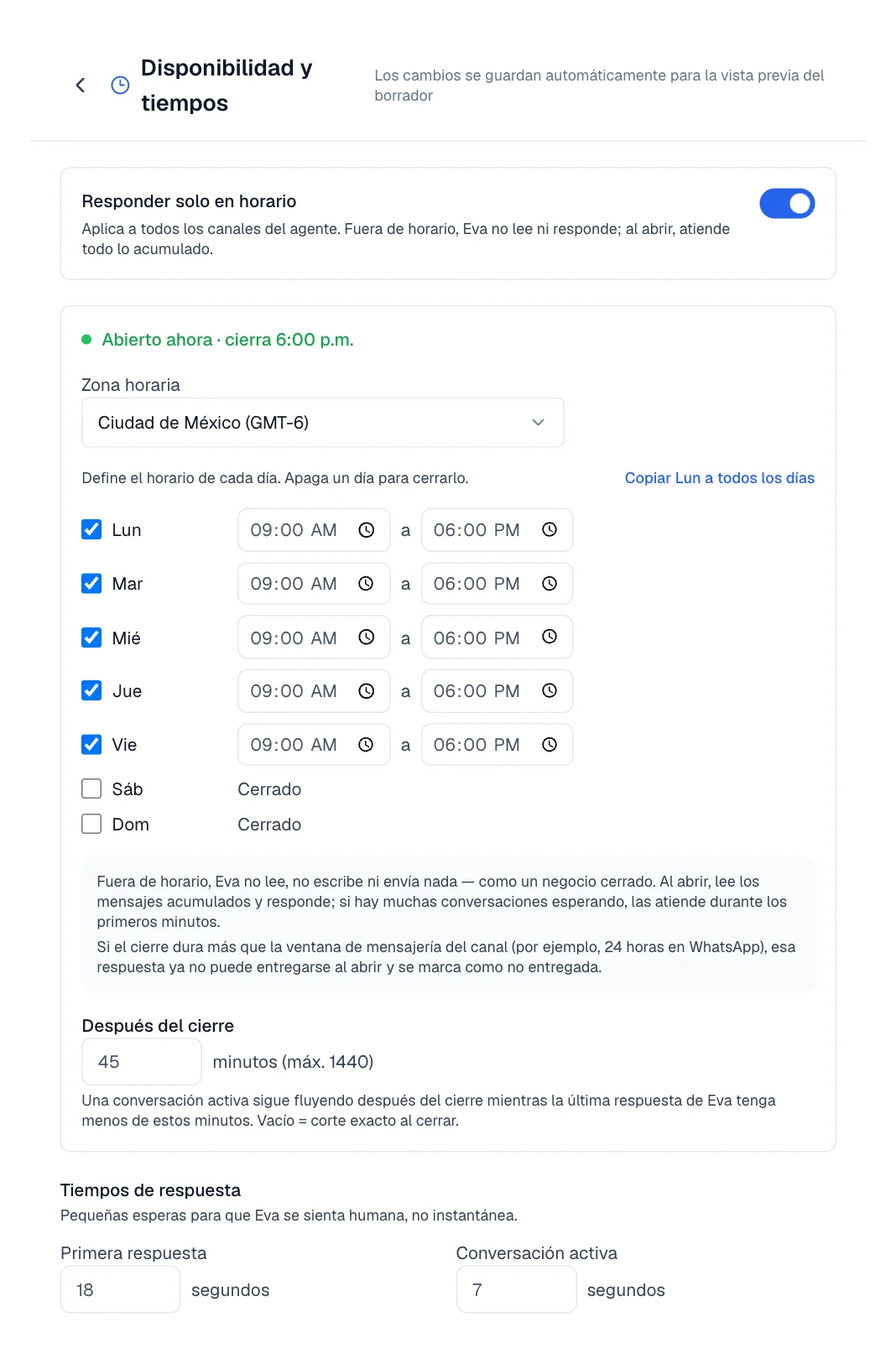 Editor de Disponibilidad con Responder solo en horario y los campos de Tiempos de respuesta.