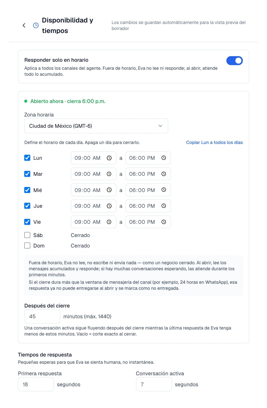 Editor de Disponibilidad con Responder solo en horario y los campos de Tiempos de respuesta.