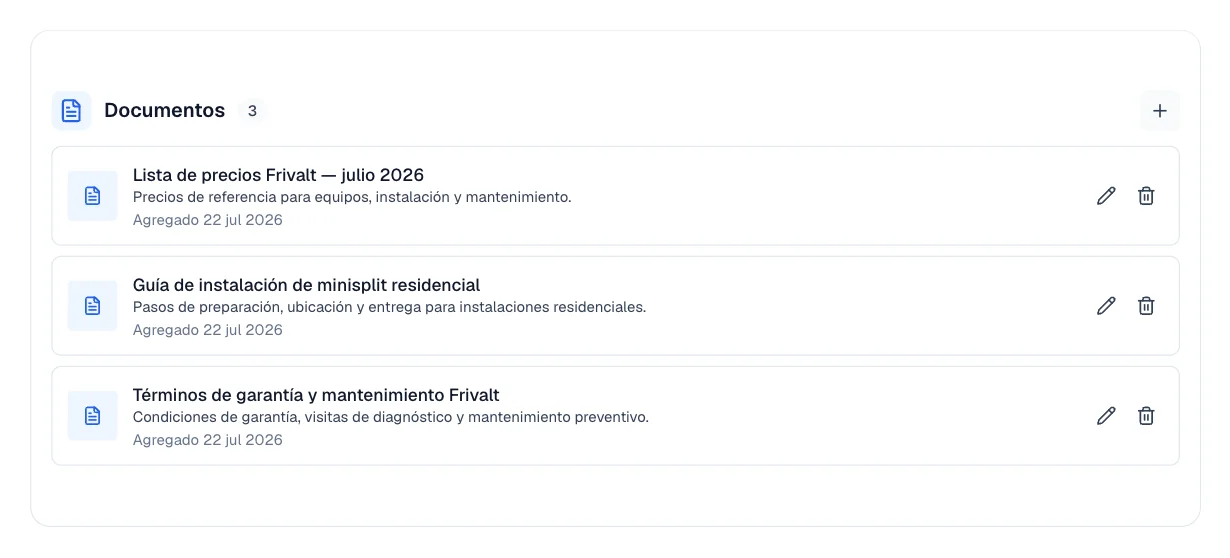 La tarjeta Documentos de Conocimiento con sus fuentes cargadas y el botón para agregar.