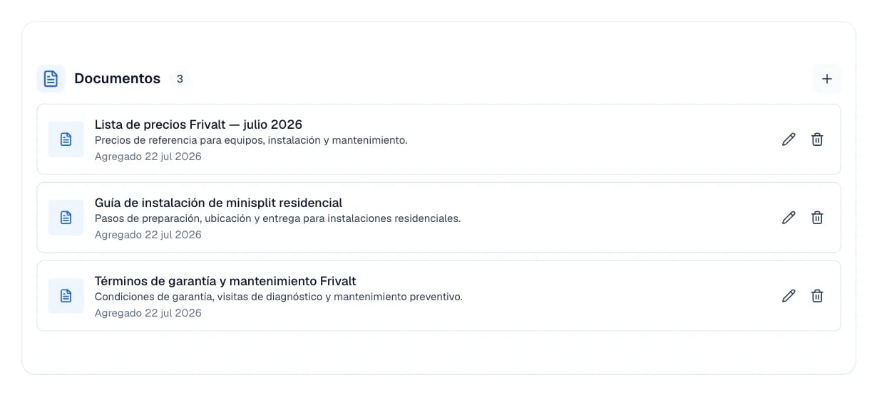La tarjeta Documentos de Conocimiento con sus fuentes cargadas y el botón para agregar.