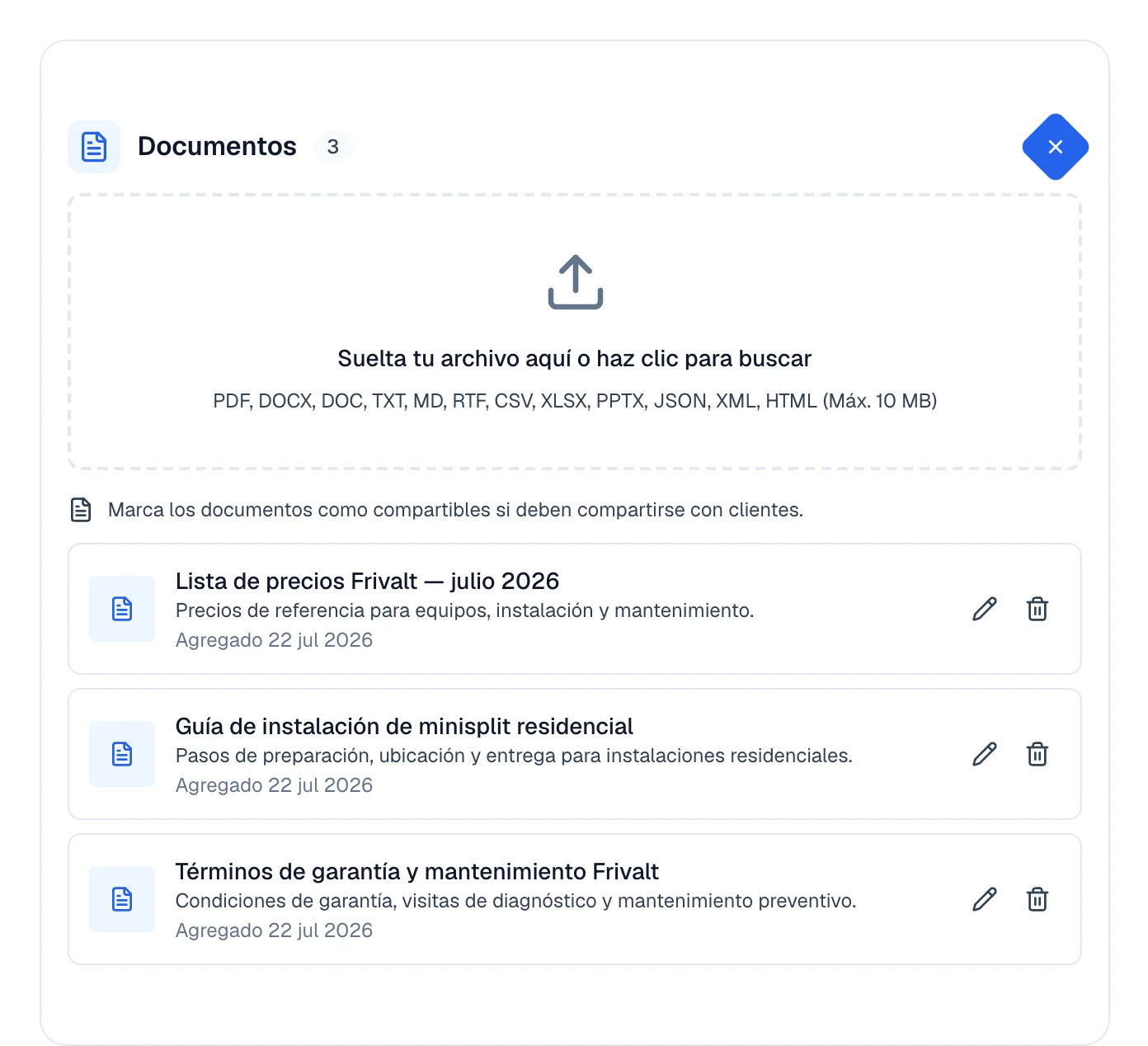 Tarjeta Documentos con el recuadro para soltar un archivo y el manual de Frivalt ya cargado.