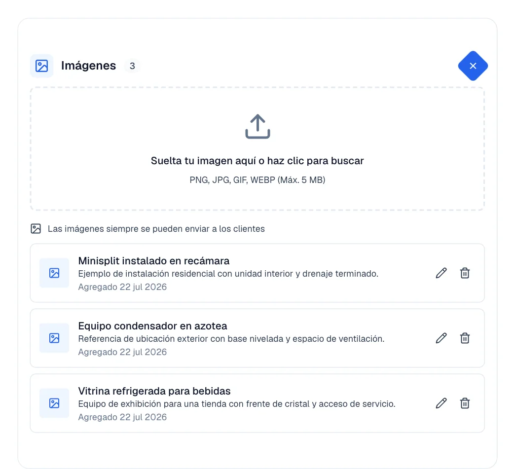 Tarjeta Imágenes con los formatos aceptados y el aviso de que siempre se pueden enviar.