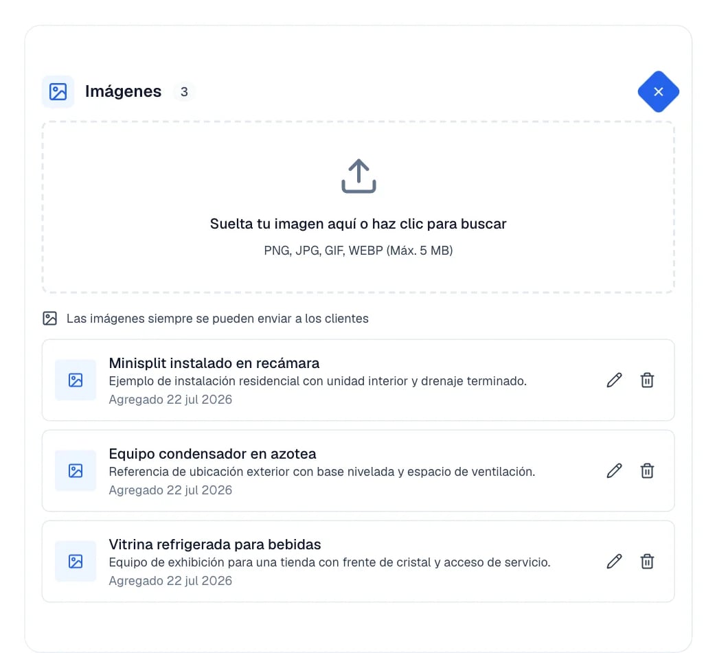 Tarjeta Imágenes con los formatos aceptados y el aviso de que siempre se pueden enviar.