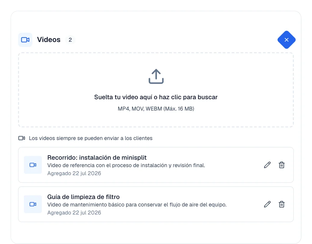 Tarjeta Videos con el recuadro para soltar un video y el video de capacitación cargado.