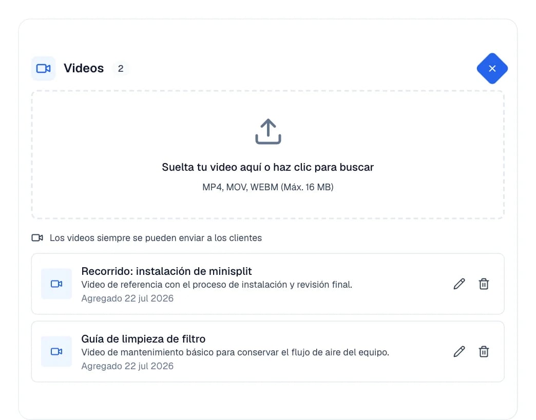 Tarjeta Videos con el recuadro para soltar un video y el video de capacitación cargado.