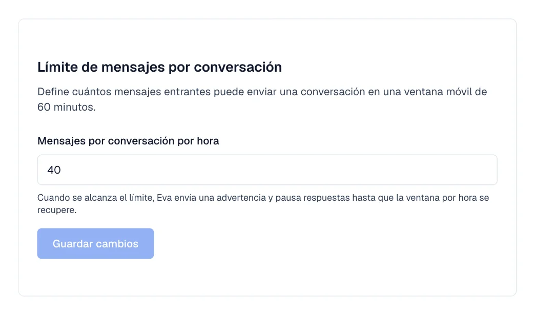 Tarjeta Límite de mensajes por conversación con el campo Mensajes por conversación por hora.