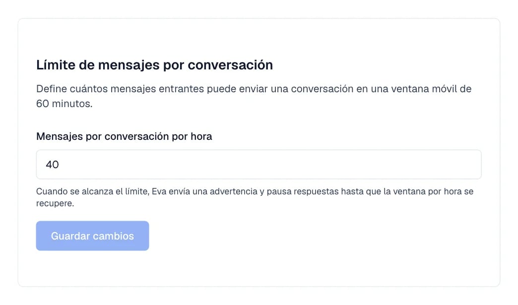 Tarjeta Límite de mensajes por conversación con el campo Mensajes por conversación por hora.
