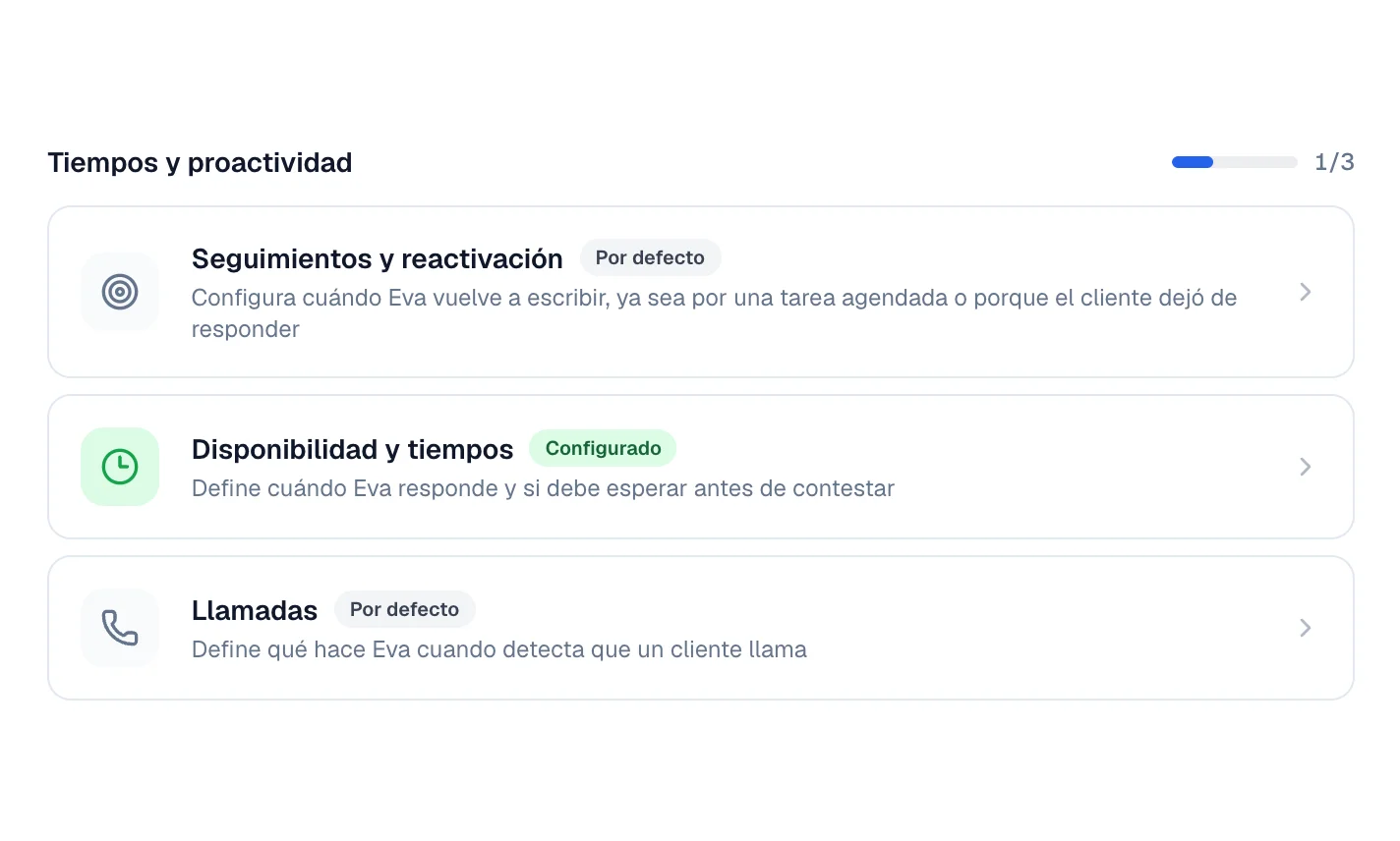 Tarjeta Seguimientos y reactivación con la etiqueta Por defecto, junto a Disponibilidad y tiempos.