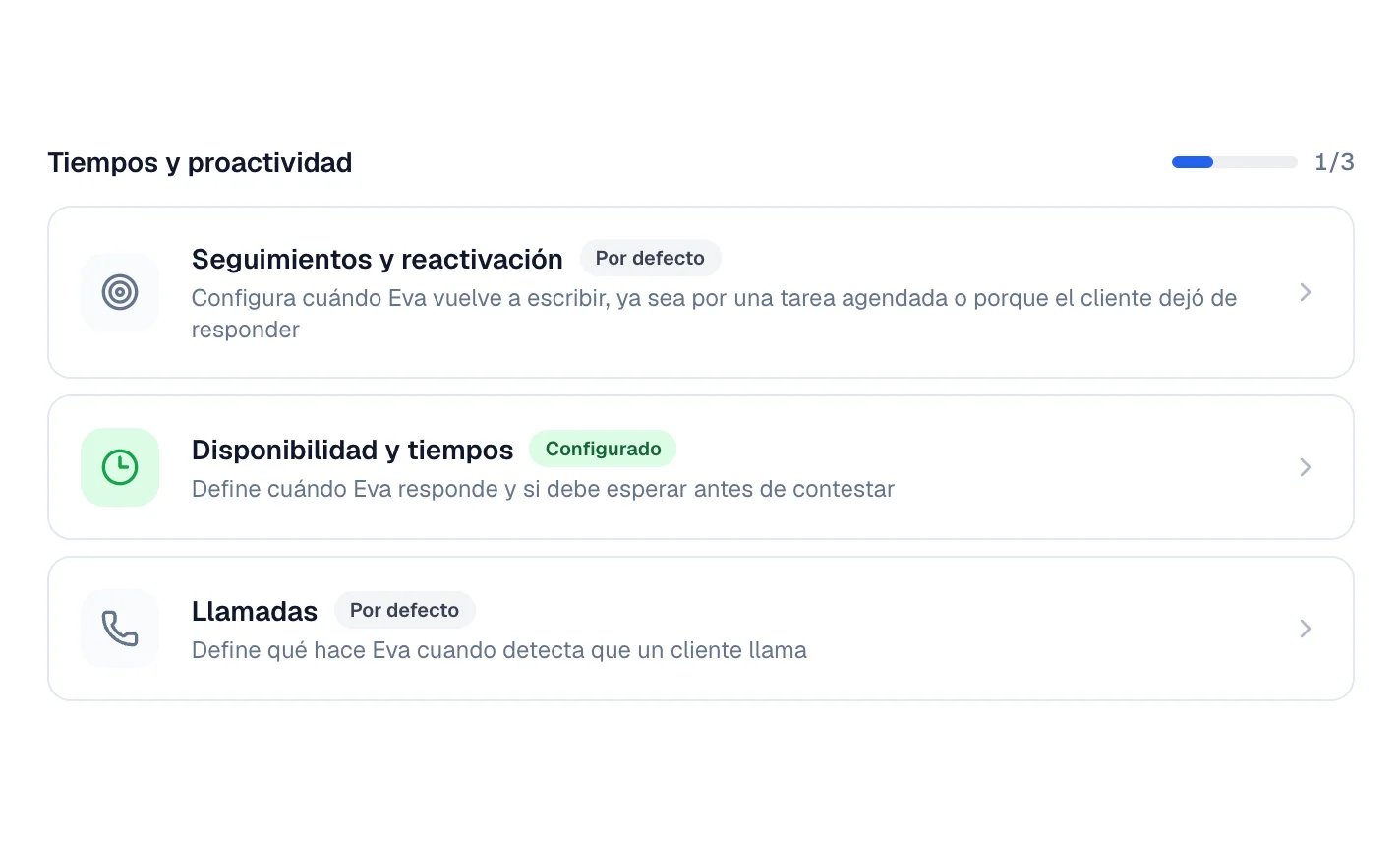Tarjeta Seguimientos y reactivación con la etiqueta Por defecto, junto a Disponibilidad y tiempos.