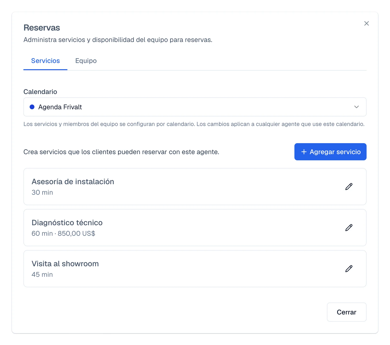 Configuración de calendarios con tipos de cita y su duración.