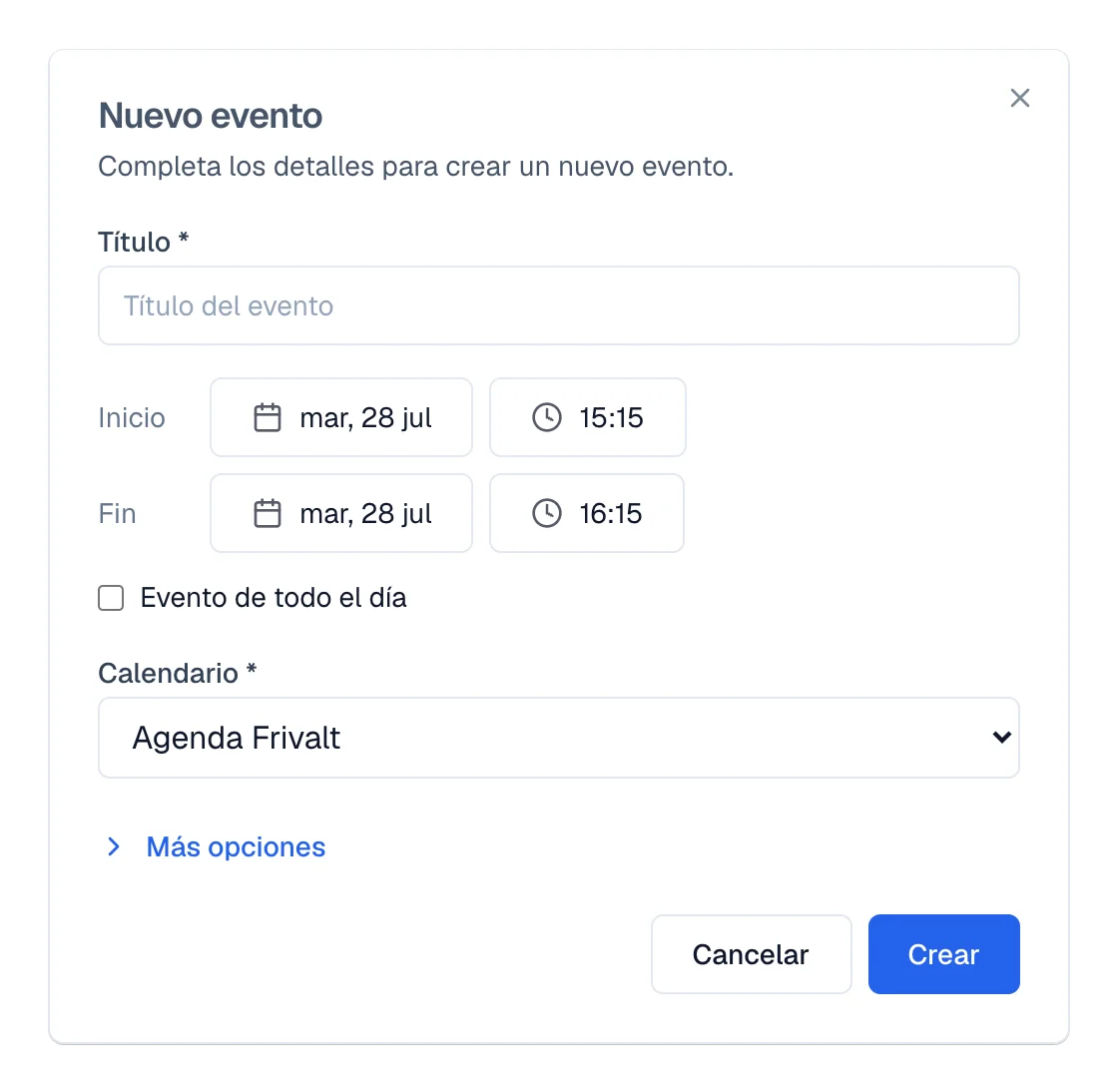 Formulario Nuevo evento con Título, Inicio, Fin y el selector de Calendario.