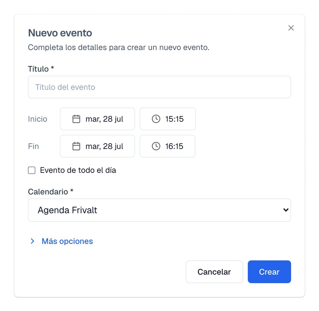 Formulario Nuevo evento con Título, Inicio, Fin y el selector de Calendario.