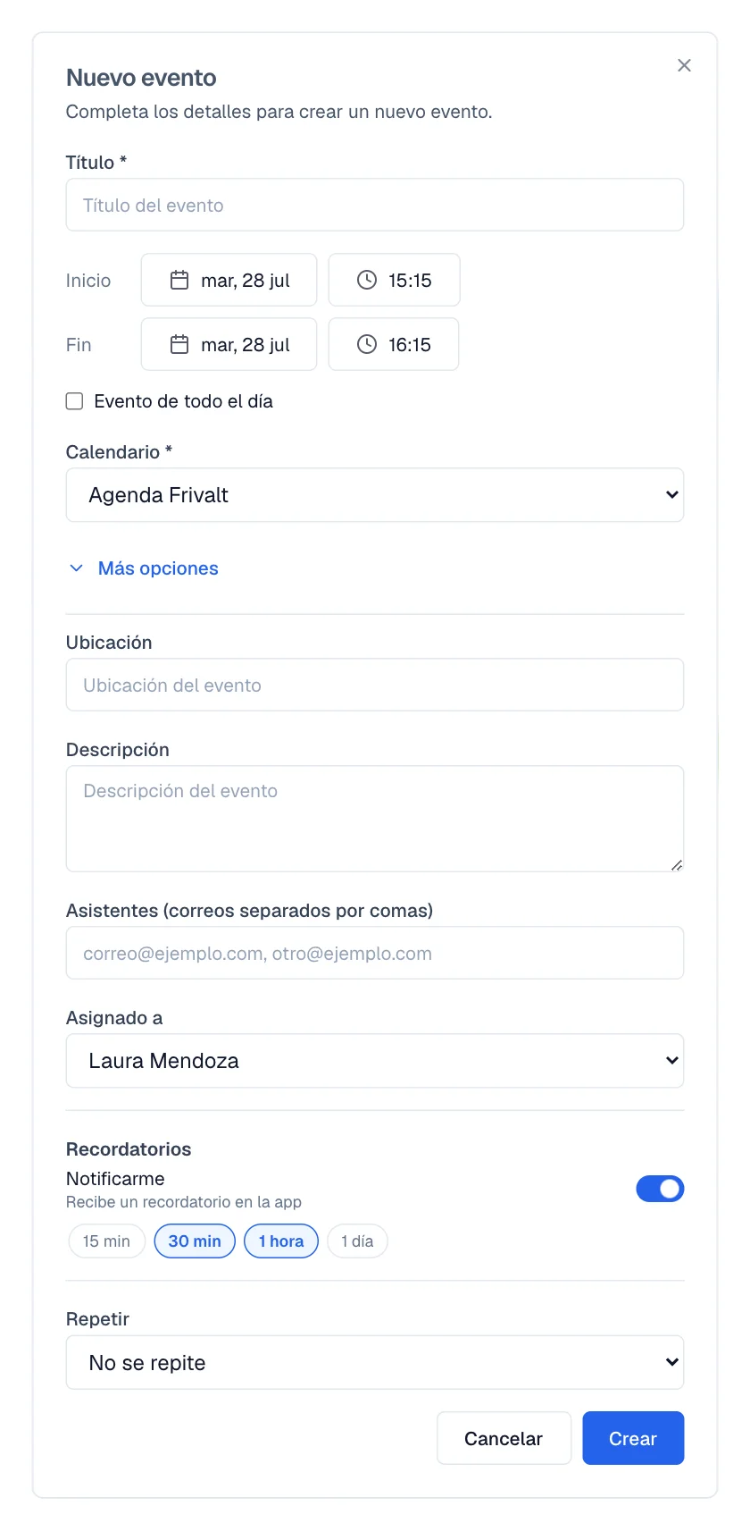 El formulario del evento con Ubicación, Asistentes, Asignado a, Recordatorios y Repetir.