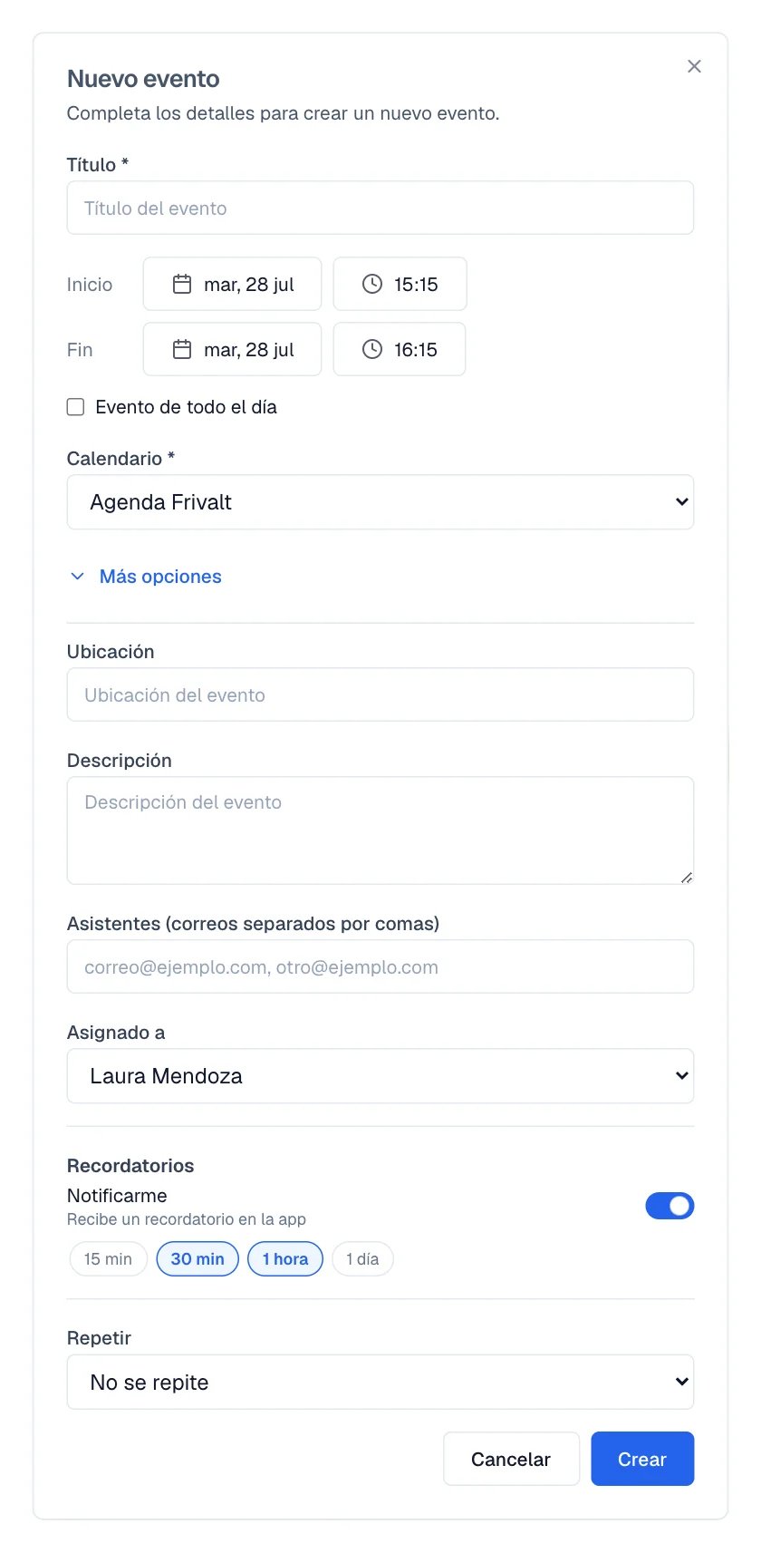 El formulario del evento con Ubicación, Asistentes, Asignado a, Recordatorios y Repetir.