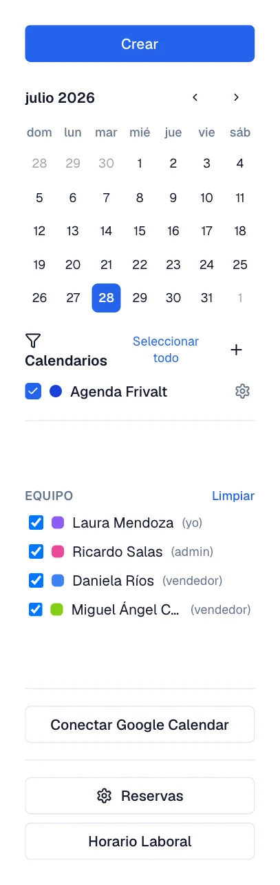 Columna izquierda con el mini calendario, la lista de calendarios y la lista del equipo.