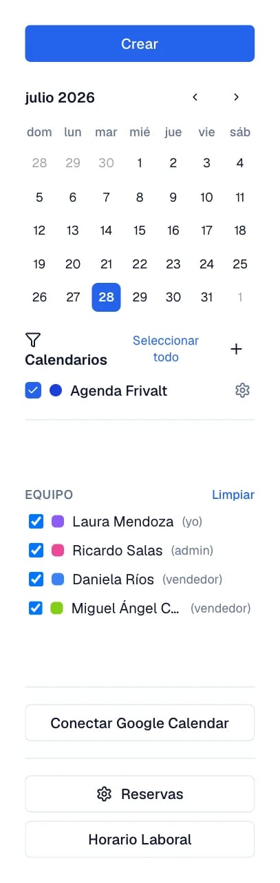 Columna izquierda con el mini calendario, la lista de calendarios y la lista del equipo.