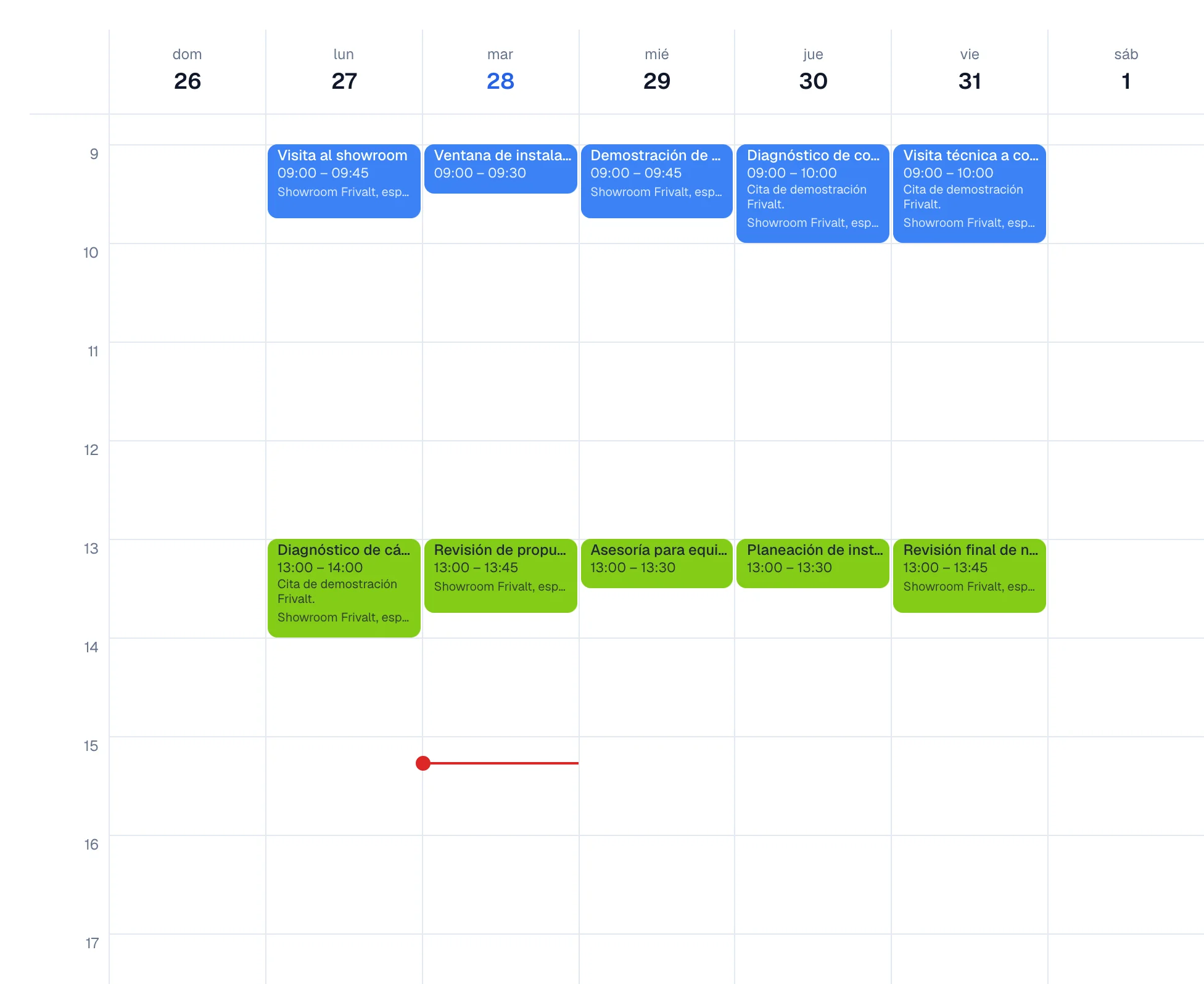 Cuadrícula semanal con varias citas repartidas de lunes a sábado.
