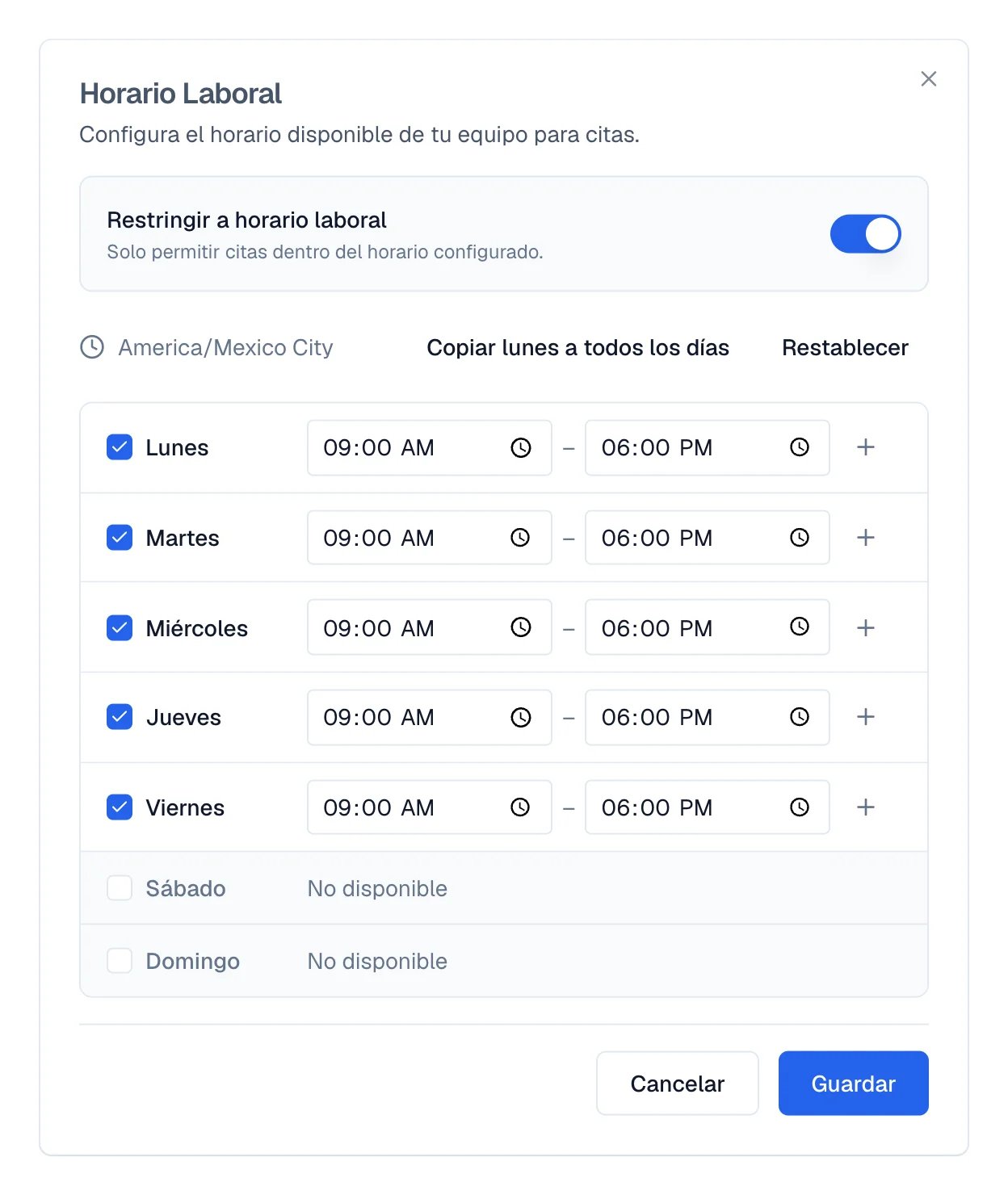 Horario del negocio con los días y las horas en que se pueden agendar citas.