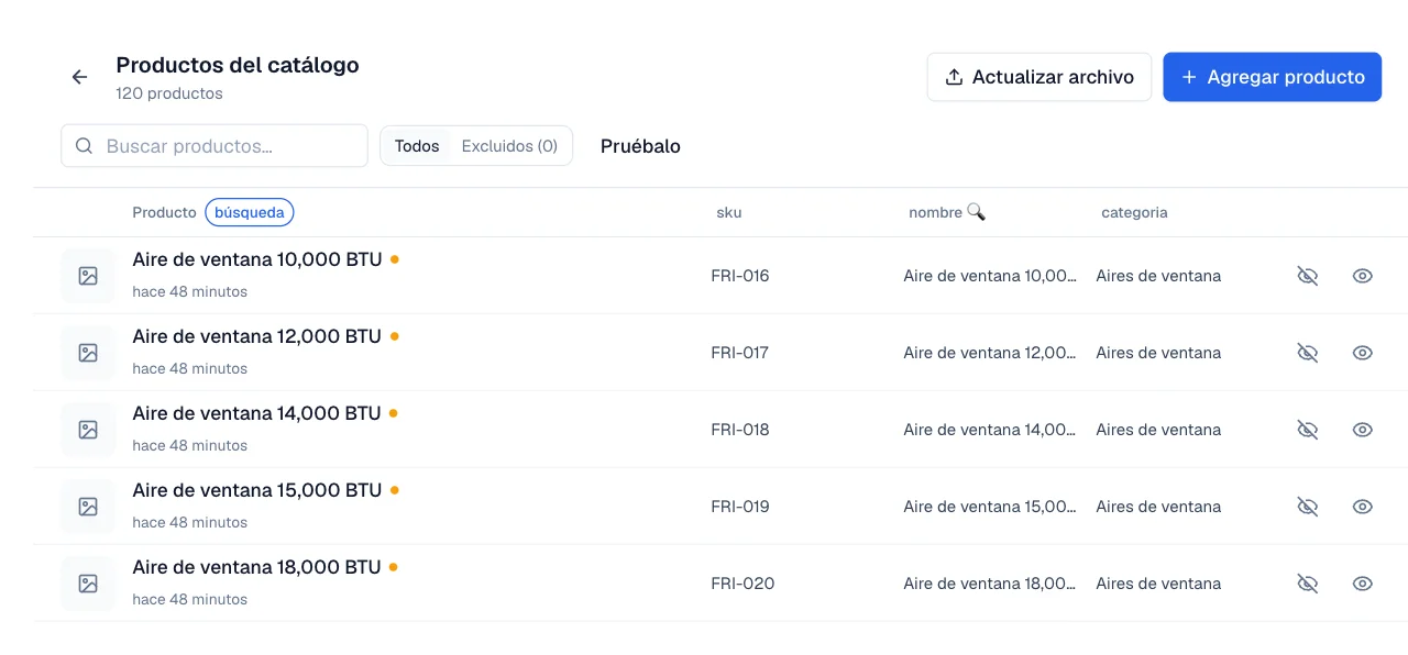 Lista de productos del catálogo con el buscador y el ícono de Ver como agente en cada renglón.