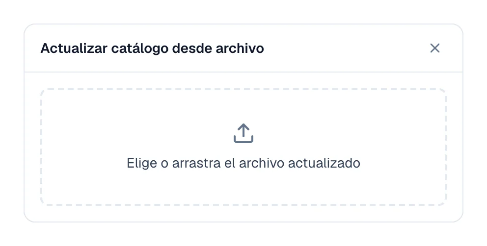 Diálogo Actualizar catálogo desde archivo con el recuadro para soltar el archivo actualizado.