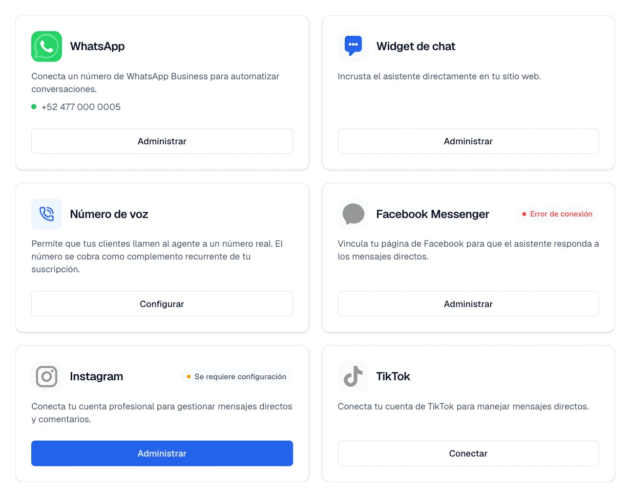 Cuadrícula de Canales con las tarjetas Número de voz, WhatsApp, Messenger, Instagram, TikTok y Widget de chat.