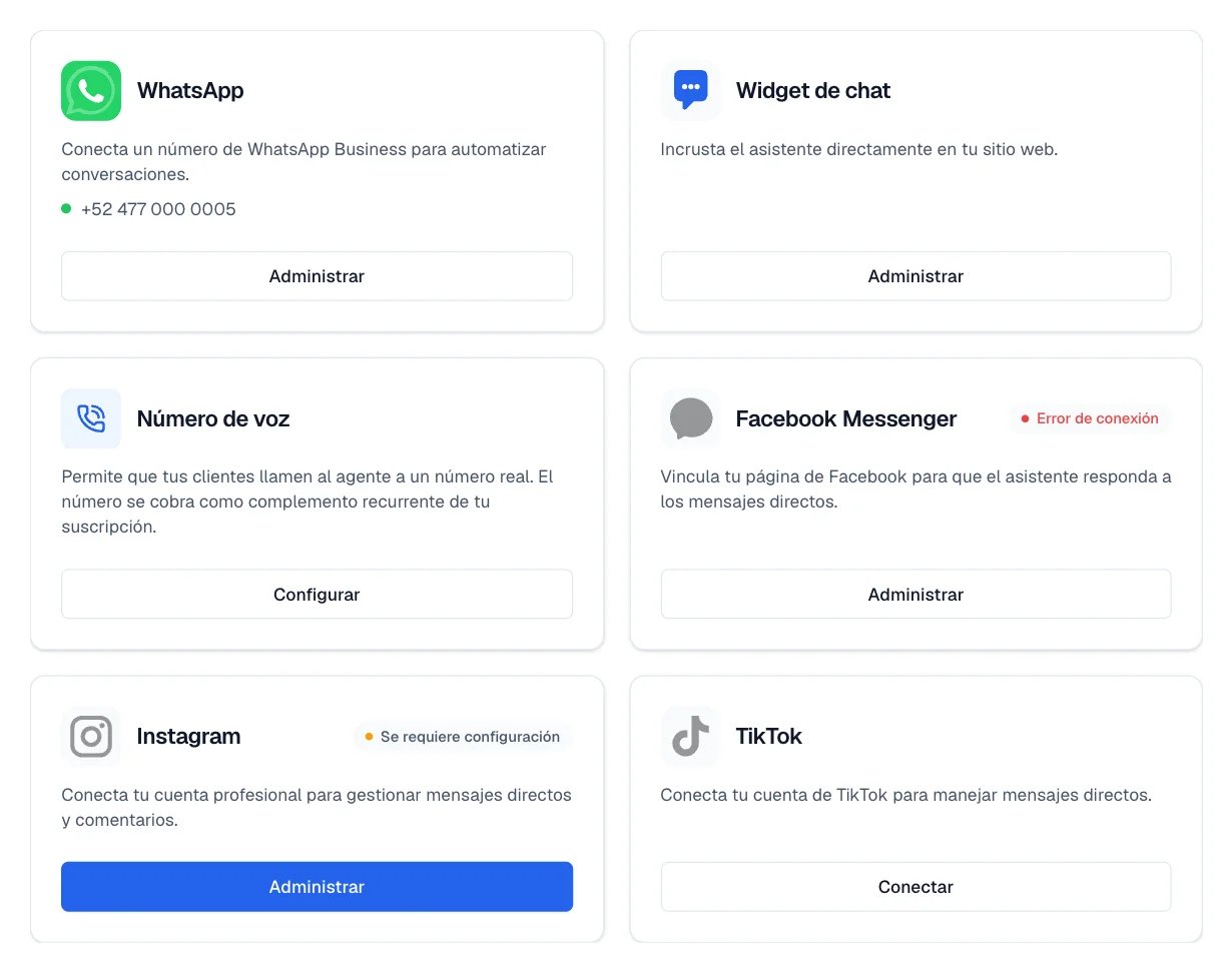 Cuadrícula de Canales con las tarjetas Número de voz, WhatsApp, Messenger, Instagram, TikTok y Widget de chat.