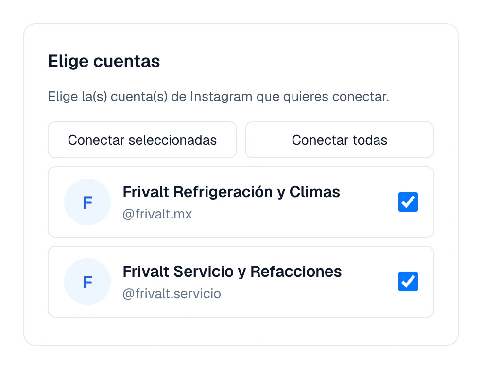 Lista de cuentas de Instagram vinculadas, marcadas, con el botón para conectarlas.