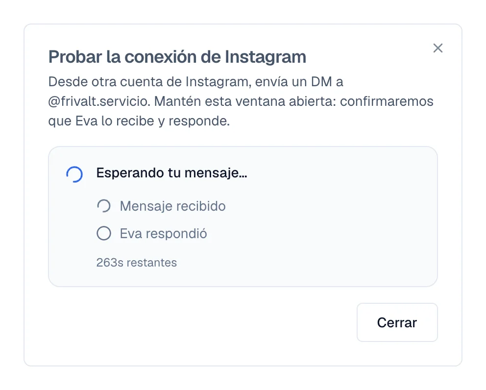 Ventana de prueba de Instagram esperando un mensaje, con las dos señales pendientes.