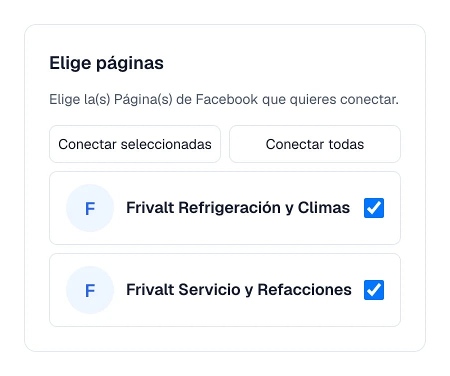 Lista de páginas de Facebook marcadas, con el botón para conectarlas.