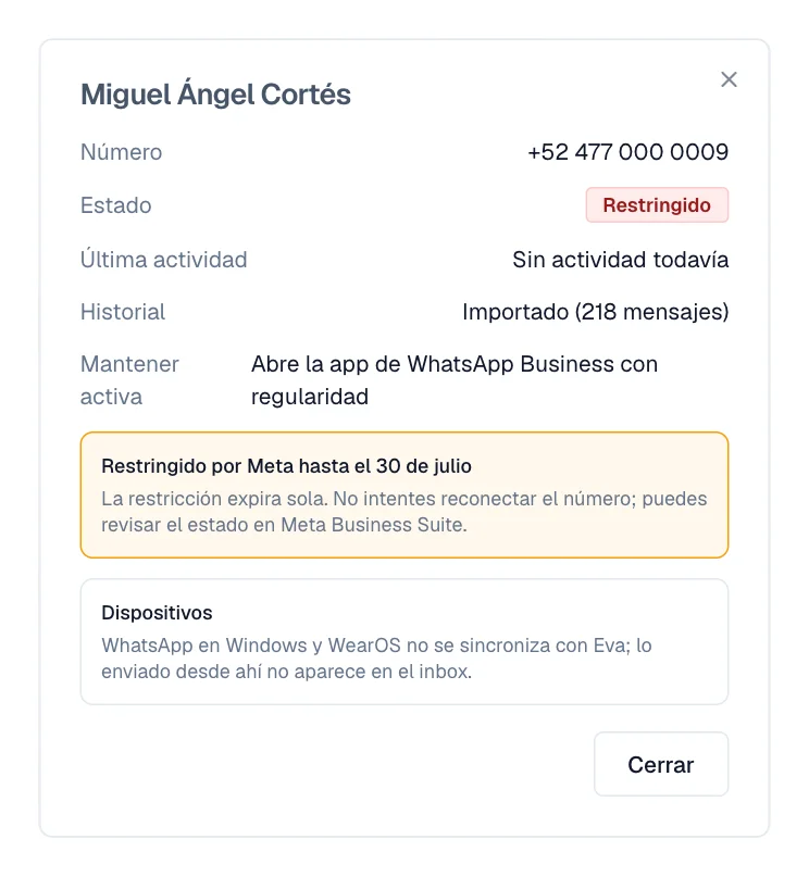 El aviso dice hasta cuándo dura la restricción de Meta y pide no reconectar el número.
