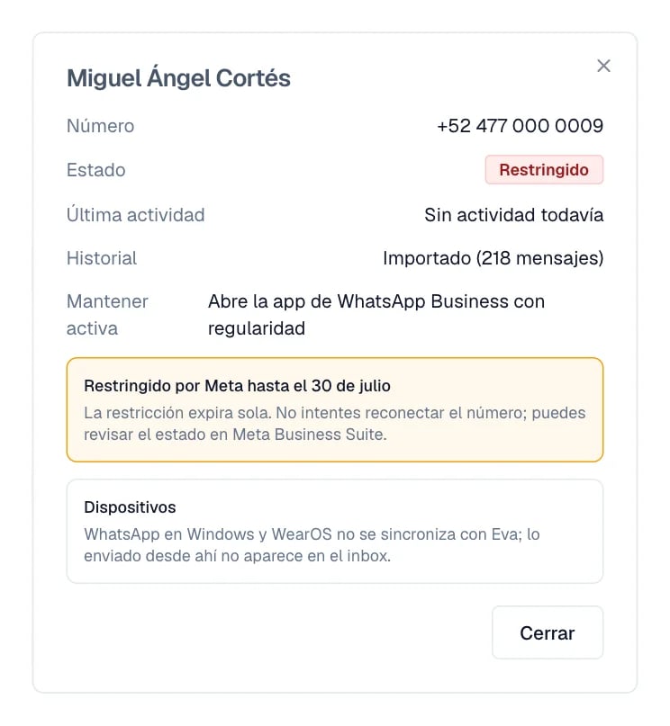 El aviso dice hasta cuándo dura la restricción de Meta y pide no reconectar el número.