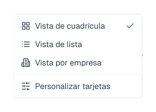 Menú con Vista de cuadrícula, Vista de lista, Vista por empresa y Personalizar tarjetas.