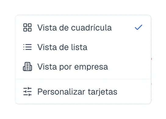 Menú con Vista de cuadrícula, Vista de lista, Vista por empresa y Personalizar tarjetas.