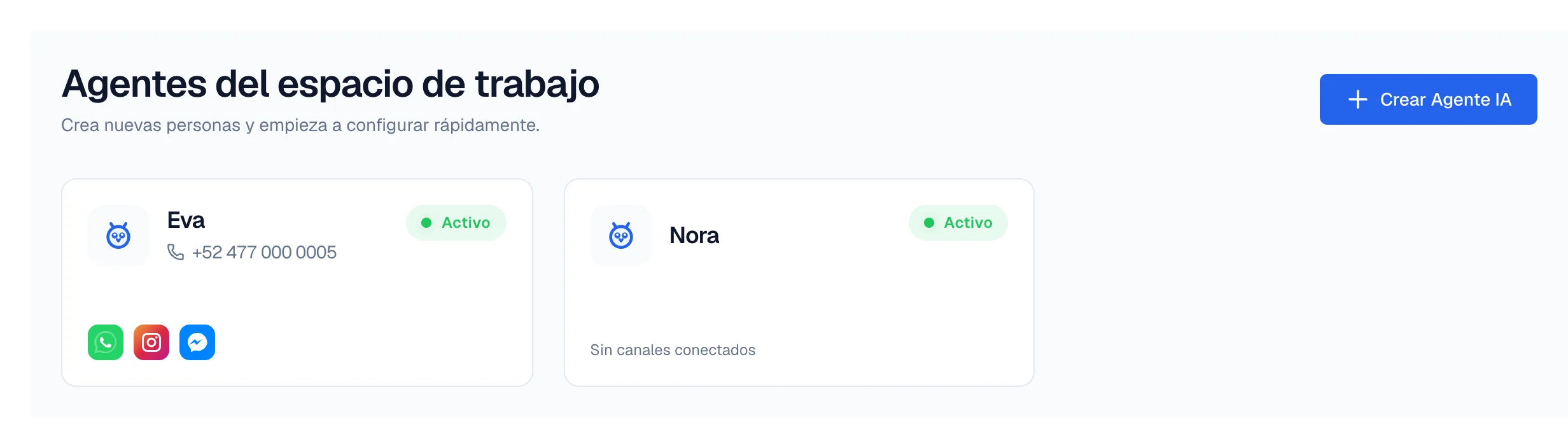 Lista de Agentes IA: Eva, activa y con sus canales conectados, y Nora, todavía sin canales.