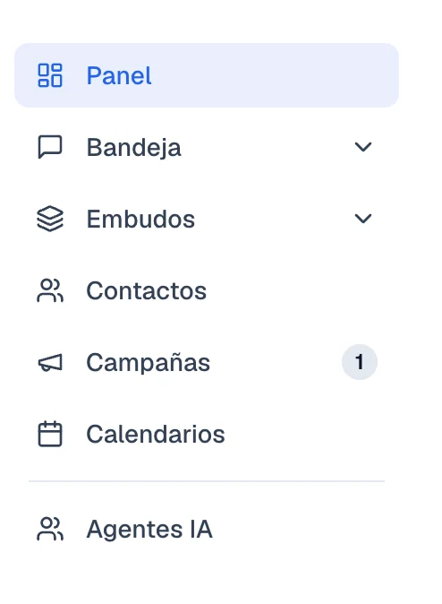 Menú lateral con Panel, Bandeja, Embudos, Contactos, Campañas, Calendarios y Agentes IA.