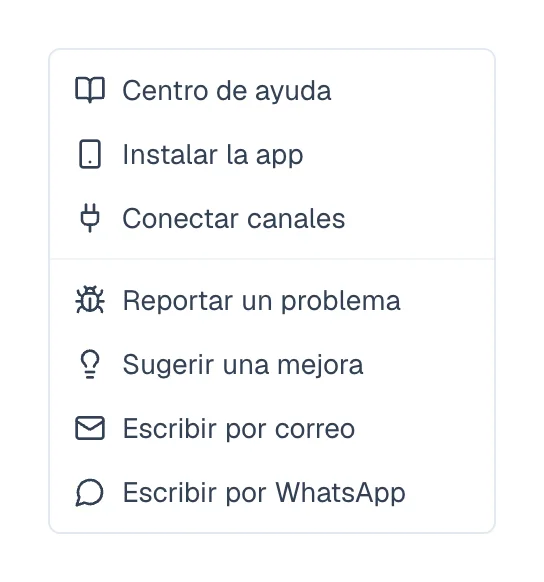 Menú de ayuda con siete opciones, las dos últimas para escribir por correo y por WhatsApp.