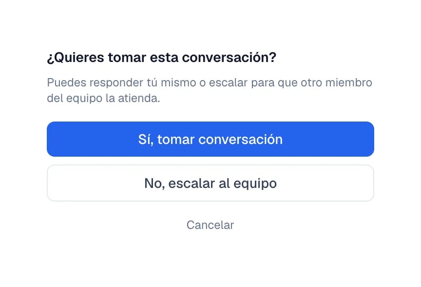 Ventana con las opciones Sí, tomar conversación y No, escalar al equipo.