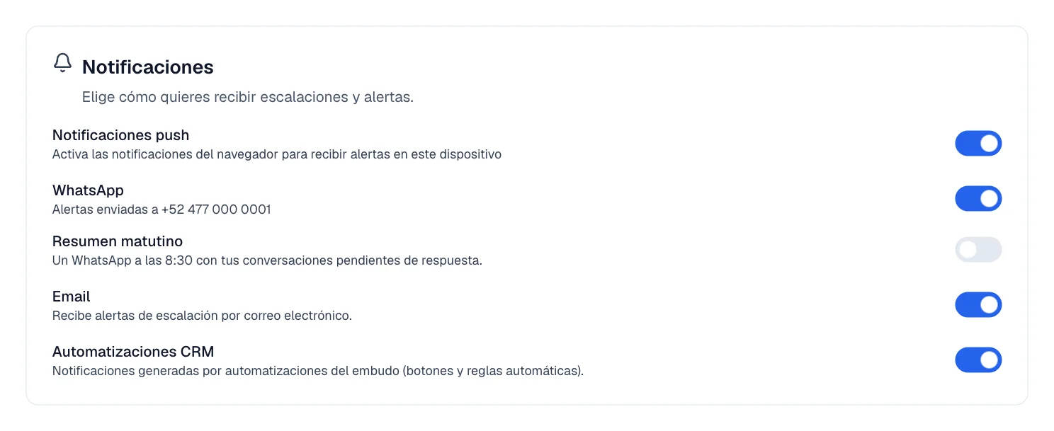 Interruptores de notificaciones push, WhatsApp, Resumen matutino, Email y Automatizaciones CRM.